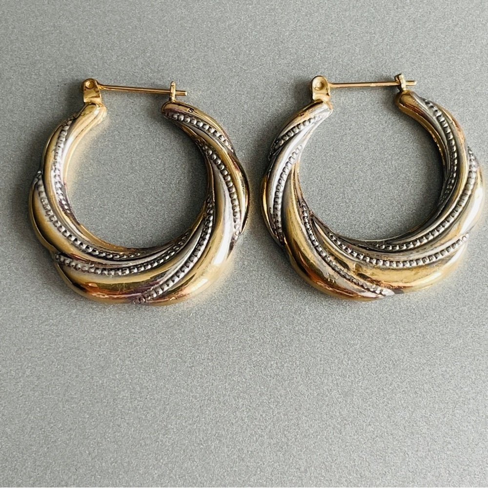 14k Yellow & White Gold Twisted Dotted Hoop Earrings Jacmel Mauritius JCM